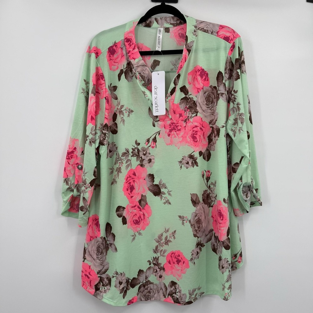 Dear Scarlett Tunic Shirt Womens 2X Green Floral V-Neck Roll Tab Liz Travel - Picture 1 of 9